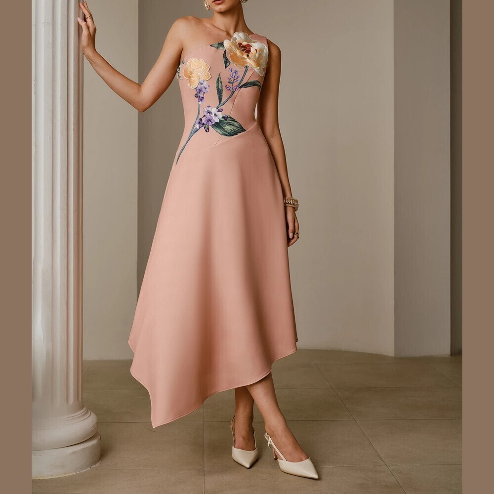 Blush Pink Floral Embroidered One Shoulder Asymmetrical Midi Dress